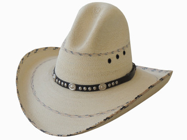 GUS STYLE, FINE WHITE PALM WITH BLACK PATTERN, AND CONCHOS ON BLACK LEATHER HATBAND