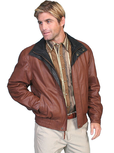 BROWN Featherlite leather jacket with double collar. BY SCULLY