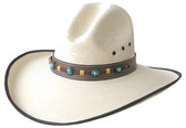 FINE WHITE PALM GUS STYLE WITH BROWN EDGE AND LEATHER Cowboy Hat BAND WITH TURQUOISE CONCHOS.