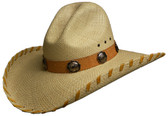 PANAMA GUS STYLE WITH STITCHING ON EDGE WITH EYELETS AND CONCHOS ON LEATHER Cowboy Hat BAND.