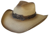 PANAMA GUS STYLE, TEA STAINED WITH LEATHER Cowboy Hat BAND WITH LONGHORN ON STAR CONCHO