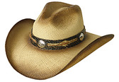 PANAMA GUS STYLE, TEA STAINED WITH LEATHER Cowboy Hat BAND WITH METAL CONCHOS AND LIGH BROWN BARBED WIRE.