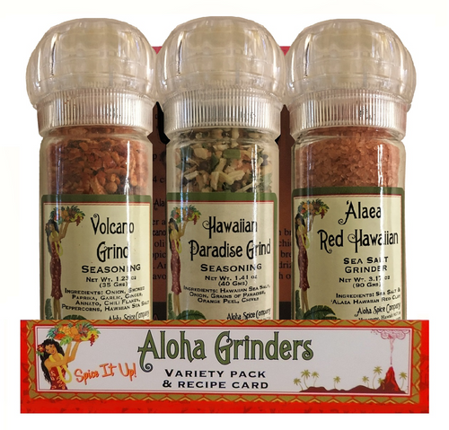 This set includes 3 of our popular grinders, `Alaea Red Coarse Salt, Hawaiian Paradise Grind and Volcano Grind.

A recipe card is included to make a delicious Volcano Grind crusted chicken and baby greens salad with tropical vinaigrette. 