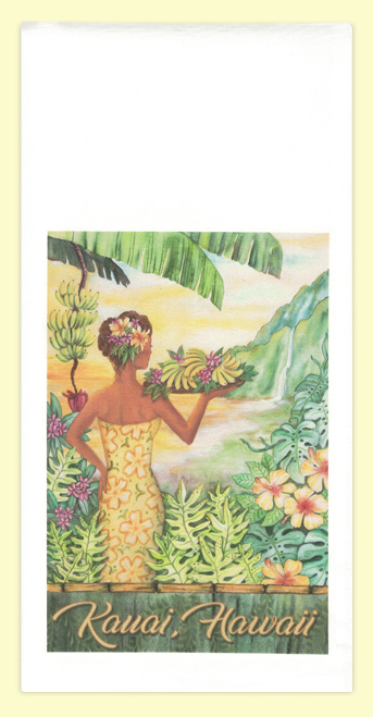 Tropical Banana Girl. The artwork for this towel is by Kauai artist, Joanna Carolan. Measures 18 in x 24 in, 100% cotton. Printed in the USA. 