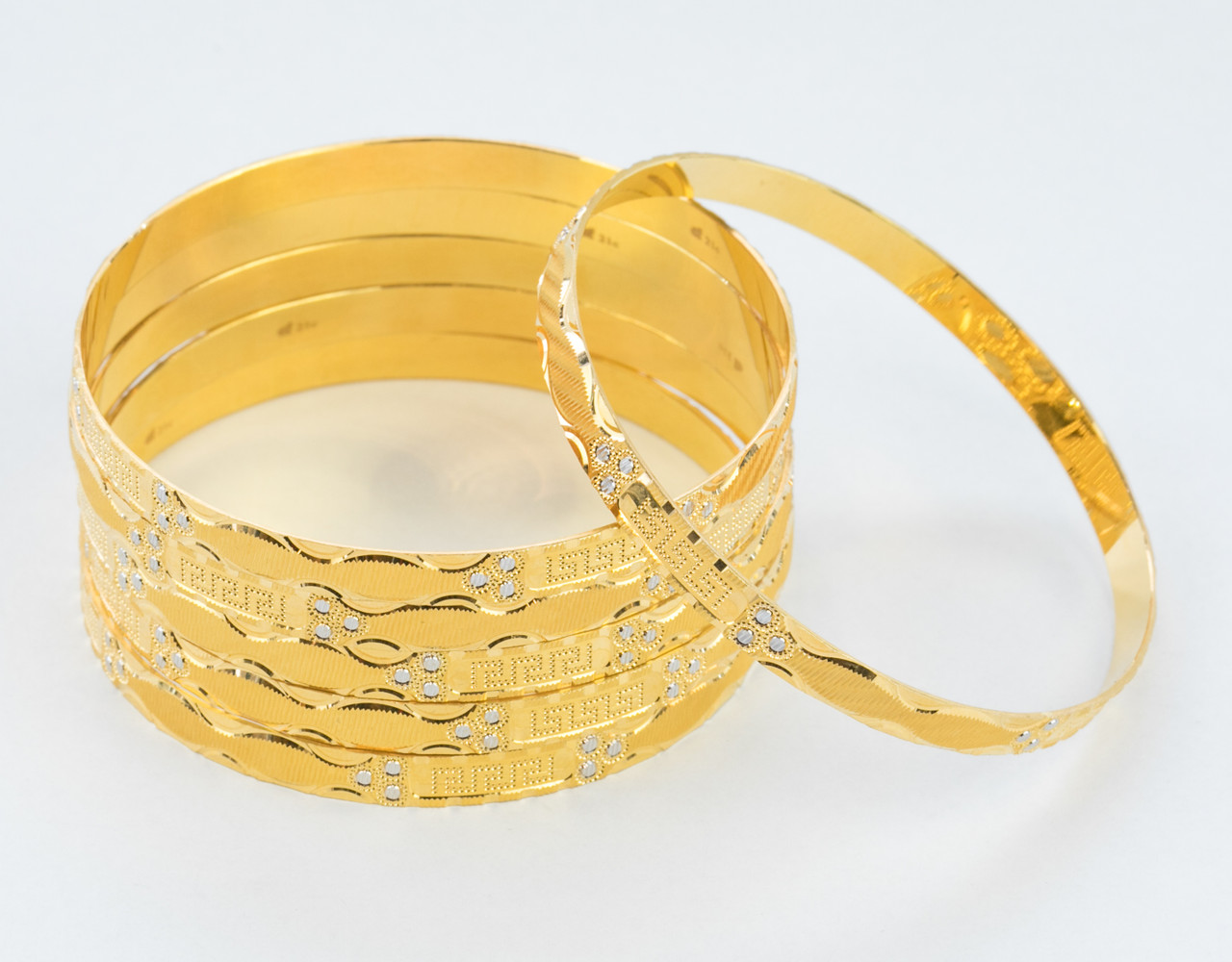 YELLOW GOLD BANGLES,SET OF 6, 21K, Size: Large, Weight: 99.7g, YGBANGLE099  - Baladna Jewelry