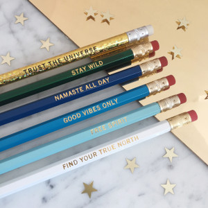 Good Vibes Only Fancy Pencil Pack - Holographic - Trust the Universe - Stay Wild - Namaste all Day - Free Spirit - Find your True North - Wildflower + Co - Pkg