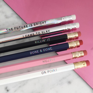 Killin It Fancy Pencil Pack - Holographic & Pink - The Future is Bright - I Came to Slay - Killin It - Done & Done - Hustle - On Point - Wildflower + Co - Pkg