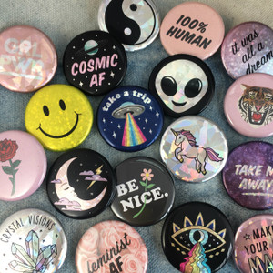 Wildflower + Co Button Pins - Flair Pins - Whimsical Graphics & Holographic - 5 for $10