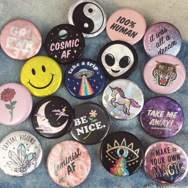 Wildflower + Co Button Pins - Flair Pins - Whimsical Graphics & Holographic - 5 for $10