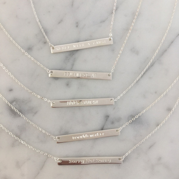 Feminist Skinny Bar Necklace - Dainty Gold Sterling Silver - Engraved Custom Personalized - Wildflower Co