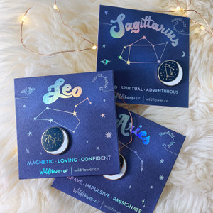Zodiac Enamel Pin - SAGITTARIUS LEO ARIES - GROUP SHOT - Flair - Astrology Gift - Birthday - Constellation Star & Moon - Gold - Wildflower + Co. Accessories (3)
