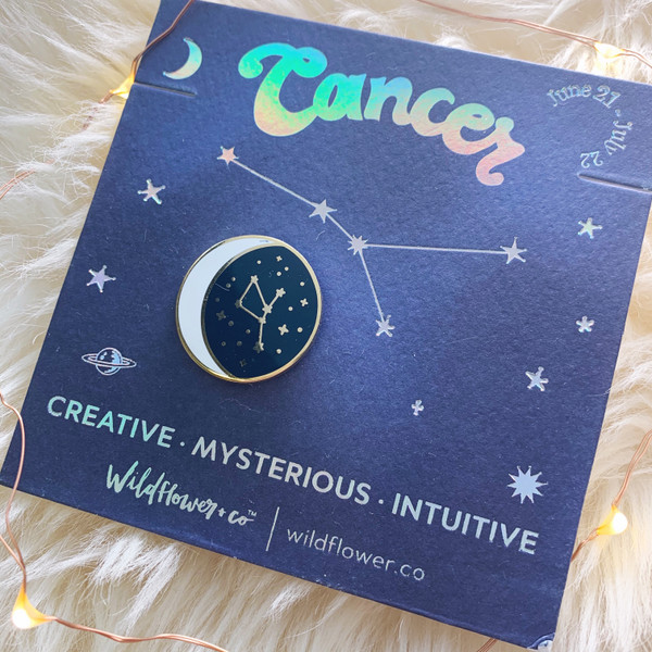 Zodiac Enamel Pin - CANCER - Flair - Astrology Gift - Birthday - Constellation Star & Moon - Gold - Wildflower + Co. Accessories (2)