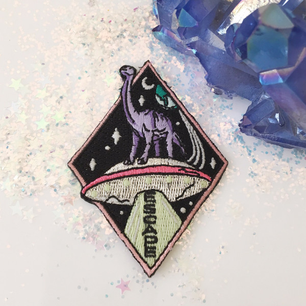 Brontosaurus Dinosaur Escape UFO Space - Embroidered Patch Iron On Patches Flair - Wildflower + Co (1)
