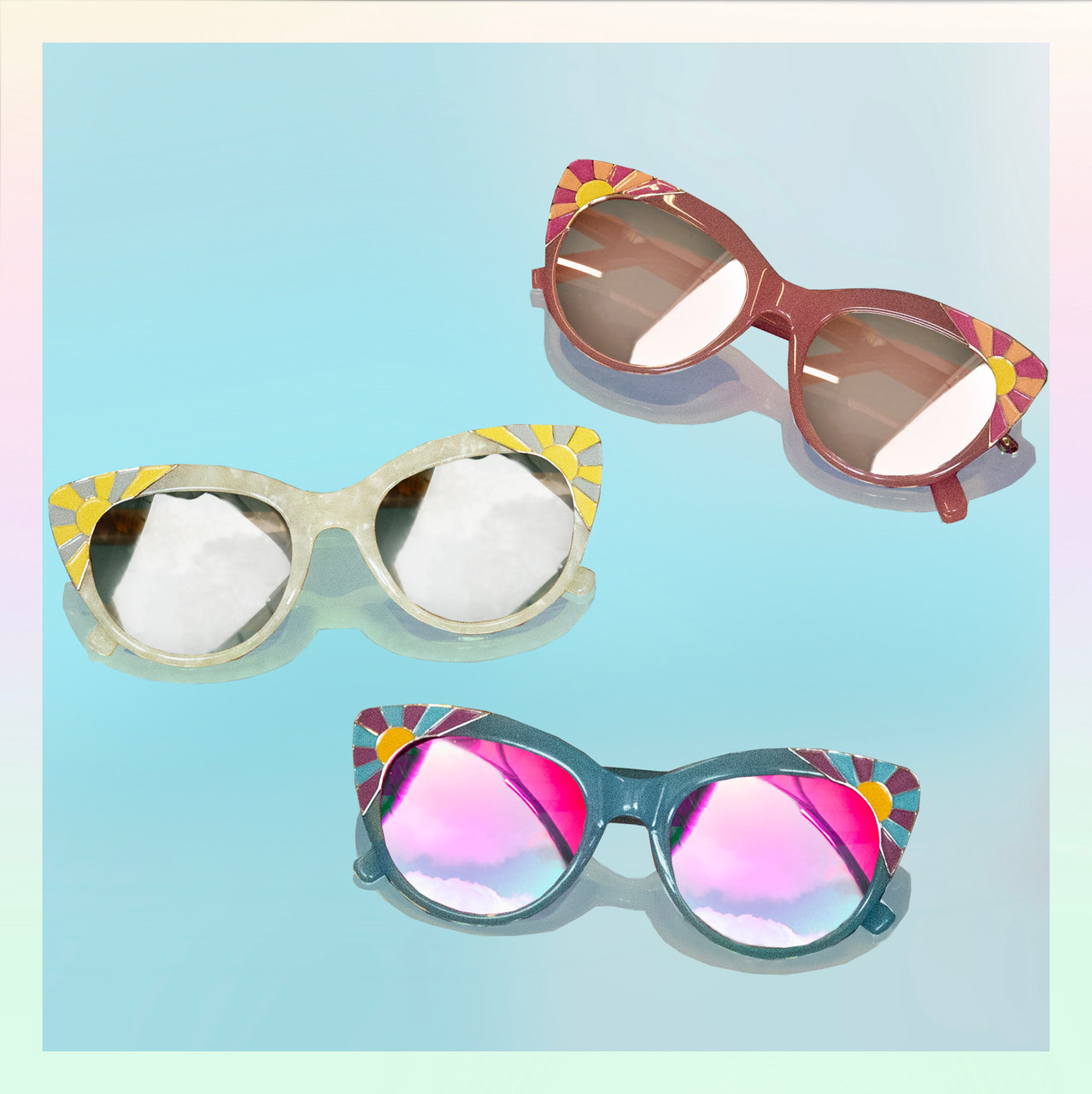 Sunrise Cat Eye Sunglasses - Pearl White, Pink, & Sky Blue | Wildflower +  Co.