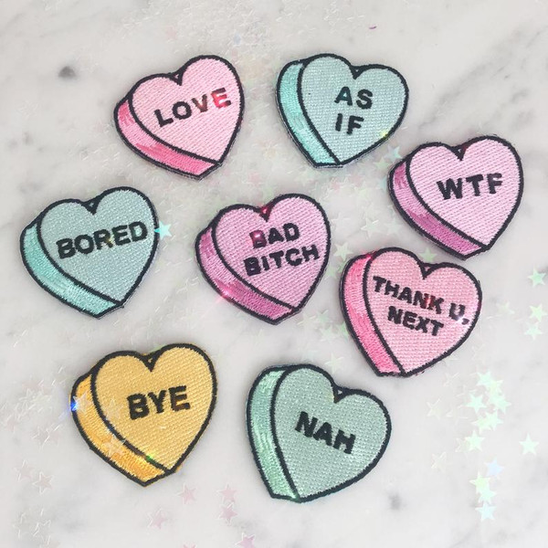Candy Heart Patch - Love Nah As If WTF Thank U  Next Nah Bad Bitch Bored Bye Pastel Pink Aqua Yellow Lilac Mint -  Iron On Patch for Jackets Patches Embroidered Applique - Pastel - Wildflower + Co.