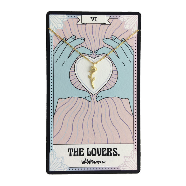 The Lovers Tarot Card Rose Necklace - Sterling Silver Gold Vermeil- Dainty Tiny - Wildflower Co Jewelry