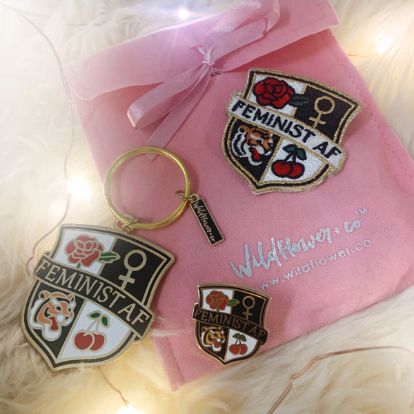 Feminist AF Bundle - Pin Keychain Patch - Wildflower + Co - Black Navy Pink Glitter Gold (1)