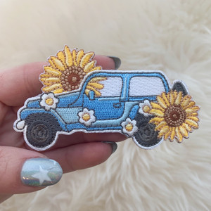 Jeep & Sunflower Patch - Iron On Patches - Embroidered - Sky Blue Jeep - Yellow Flower Daisy - Wildflower + Co (2)
