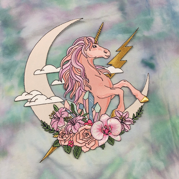 Unicorn Fantasy Back Patch - Patches for Jackets - Embroidered Iron On - Moon - Crystal - Flowers - Pink Pastel 4