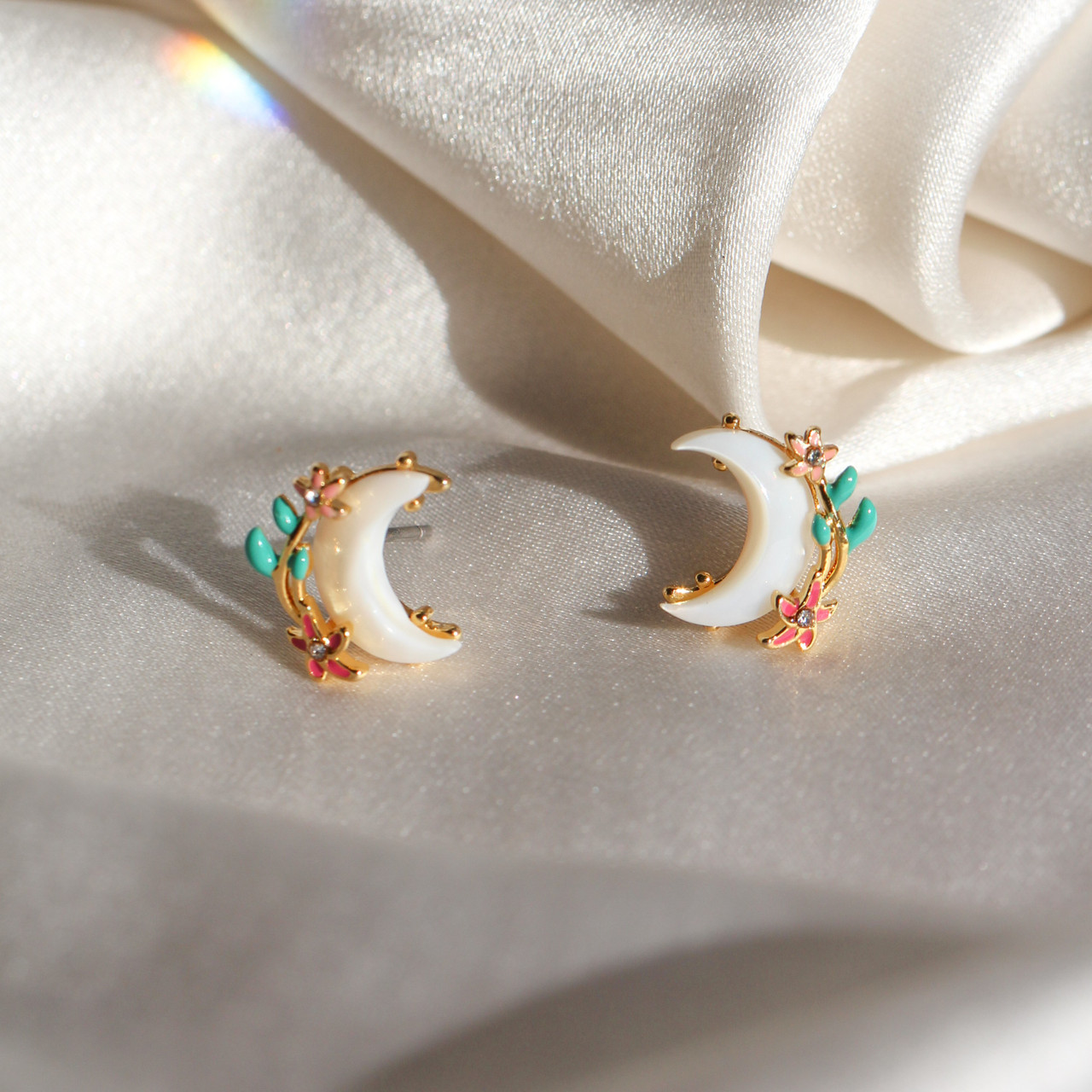 Moon & Flower Stud Earrings, Shell & Gold | Wildflower + Co.