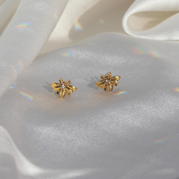 JW00685-GLD-OS - Bee Stud Earrings - Tiny Gold - Cute Earrings - Wildflower + Co. Jewelry Gift 