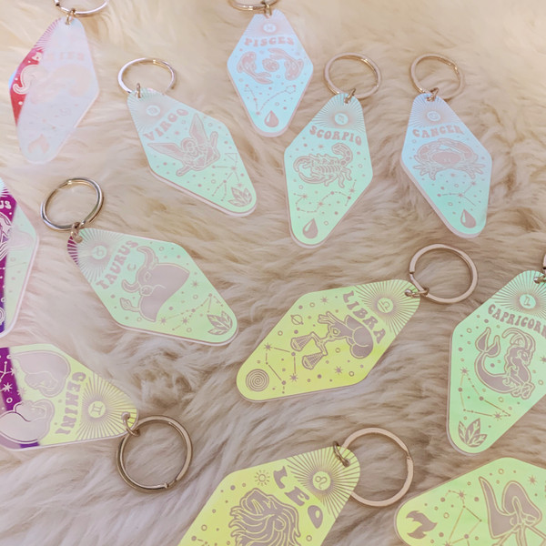 Zodiac Keychains - 70s Vintage Motel Key Tag - Key Ring - Holographic Iridescent Magical AF Cosmic - Wildflower + Co.  (1)