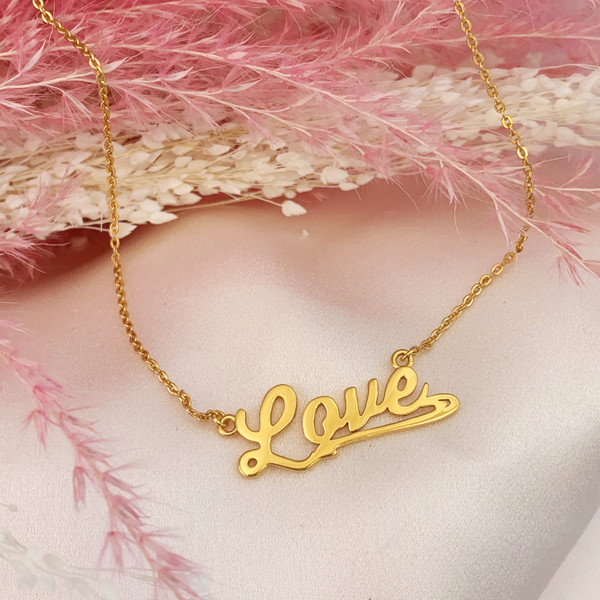 JW00795-GLD-OS Love Necklace Nameplate Sterling Silver & Gold Vermeil - Dainty Everyday Valentine's Day Gift for Girlfriend Wife - Wildflower + Co. Jewelry & Gifts - USE2