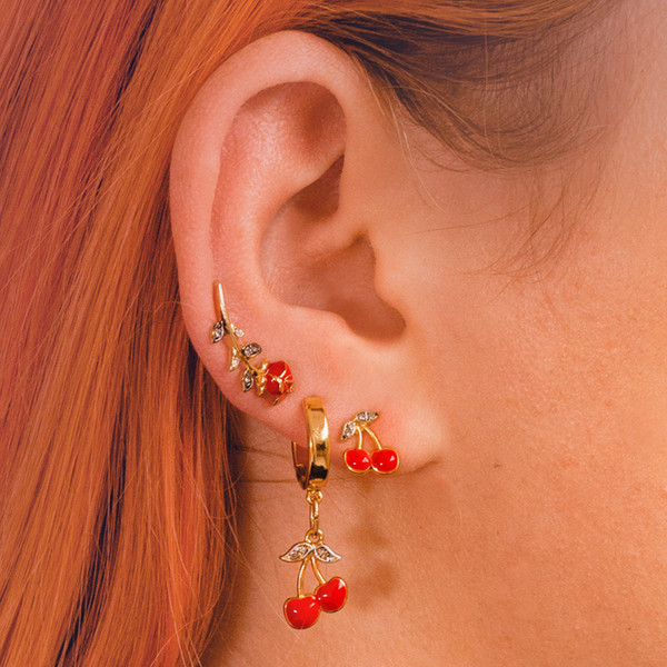 Ear Party - Stacked Earrings - Rose Cherry Cherries - Dainty Gold Stud Studs Huggies - Wildflower + Co. Jewelry Gifts