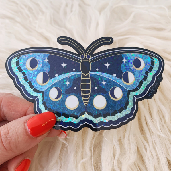 Lunar Butterfly Sticker - Glitter Holographic Vinyl Stickers - Lunar Moth - Night Butterfly - Moon Phases - Wildflower + Co (2)