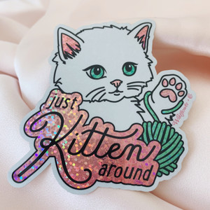PC00087-MLT-OS - Just Kitten Around Glitter Holographic Vinyl Sticker - Cat Sticker - Cute Pink Aesthetic Stickers - Positivity Be Kind - Stickers for Laptop Water Bottle Hydroflask VSCO - Wildflower + Co