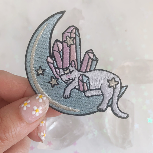 TR00370-MLT-OS Lunar Cat in Moon Patch - Iron On Patch - Embroidered Patches for Jackets - Crystals Stars Cosmic Astrology - VSCO Wildflower + Co. DIY