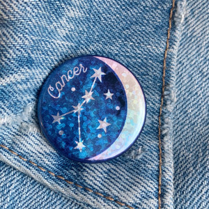 AC00182-HOL-OS - Cancer Zodiac Button Pin - Cute, Glitter Holographic Pins ! Star Signs - Glitter Moon & Constellation - Wildflower + Co - VSCO