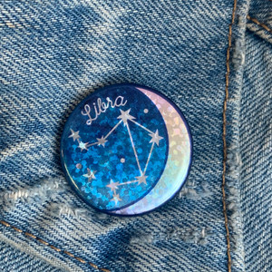 AC00186-HOL-OS Libra Zodiac Button Pin - Cute, Glitter Holographic Pins ! All Star Signs - Glitter Moon & Constellation - Wildflower + Co - VSCO