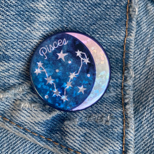 AC00187-HOL-OS Pisces Zodiac Button Pin - Cute, Glitter Holographic Pins ! All Star Signs - Glitter Moon & Constellation - Wildflower + Co - VSCO