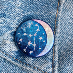 AC00191-HOL-OS Virgo Zodiac Button Pin - Cute, Glitter Holographic Pins ! All Star Signs - Glitter Moon & Constellation - Wildflower + Co - VSCO