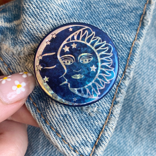 AC00192-HOL-OS - Sun & Moon Button Pin - Cute, Glitter Holographic Pins - Glitter Moon - Astrology Cosmic Celestial - Wildflower + Co - VSCO