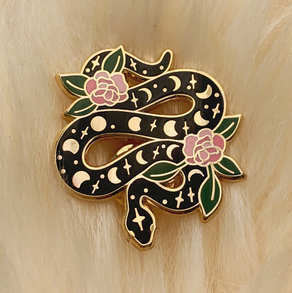 AC00172-MLT-OS Snake Enamel Pin - Serpent Lapel Pin - Magical Moon Phases Lunar Cosmic Rose - Gold Black Pink - Wildflower + Co - VSCO