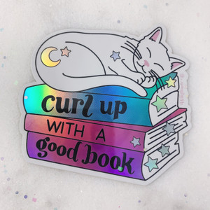Curl Up with a Good Book Cat Sticker - Holographic