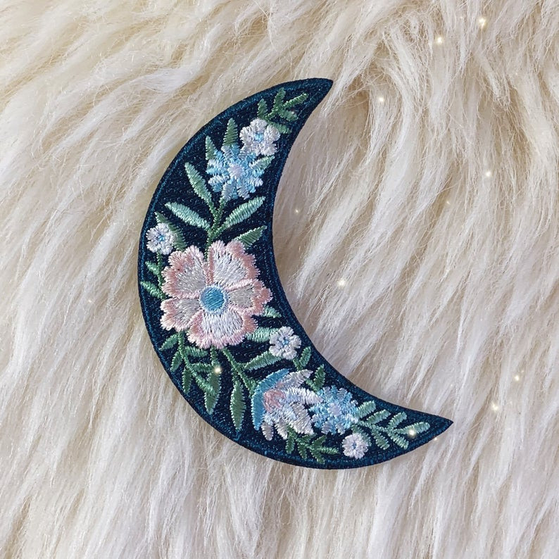 Botanical Letter Patches, Embroidered Flower & Moon