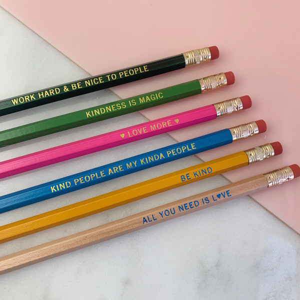 Be Kind Pencil Set - Engraved All You Need is Love Be Kind Kind People are My Kinda People Kindness is Magic Love More Work Hard & Be Nice to People - Co-worker Gift Stocking Stuffer - Wildflower + Co.  (3)
