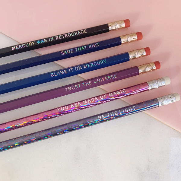 Pencil Set - Engraved Funny Mercury was in Retrograde - Blame it on Mercury - Sage that Shit - Trust the Universe - You are Made of Magic - Be the Light - Co-worker Gift Stocking Stuffer - Wildflower + Co. Desk Accessories