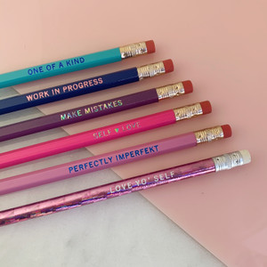 Pencil Set - Engraved Funny Perfekly Imperfekt Make Mistakes One of a Kind Work in Progress Love Yo' Self - Co-worker Gift Stocking Stuffer - Wildflower + Co. Desk Accessories (2)