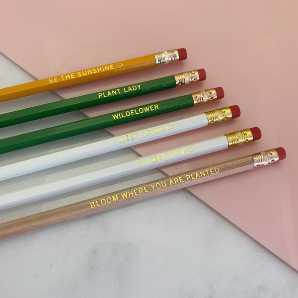 Pencil Set - Engraved Funny Plant Lady Be the Sunshine Keep Growing Bloom Where You Are Planted Wildflower - Co-worker Gift Stocking Stuffer - Wildflower + Co. Desk Accessories (4)