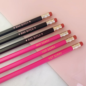 Pencil Set - Bad Bitch & NOT SORRY - Engraved Funny Pencil Set - Feminist - Black Hot Pink & Gold - Co-worker Gift Stocking Stuffer - Wildflower + Co. Desk Accessories