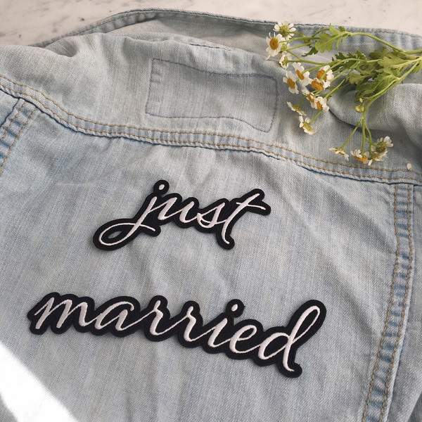 Set of 2 patches: 1 - "just"" & 2 - "married" to be placed stacked together or above & below other patches. Perfect for the back of jackets, button down shirts, cotton robes - "just" measures approx. 3 1/2" long x 2 "" high & "married" measures 6 1/4" wide x 2 1/4". Classic black & white