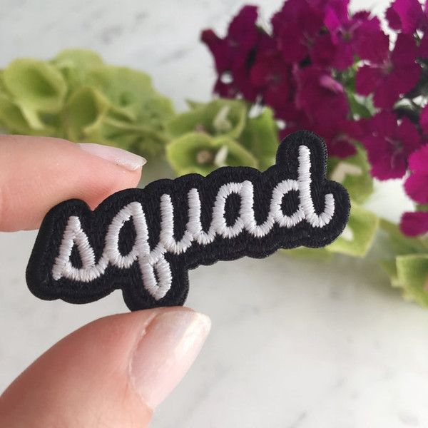 Tiny "squad" patch is perfect for your girl gang or bridal / bachelorette parties! Classic black & white. Wildflower + Co. patches are fully embroidered with iron on backing.