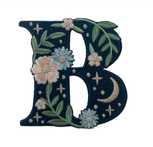 TR00434-NVY-OS - “B” Botanical Letter Patch  - Embroidered Letters - Applique Letters - Initial Patch -  Cottagecore - Crescent Moon - Moon & Stars - Night Sky - Pastel - Bridal - Romantic -  Flower Girl - Aesthetic - Fairycore - Dreamy - Dark Academia - Botany - Indie - Witchcraft -  Wildflower Co FLOAT