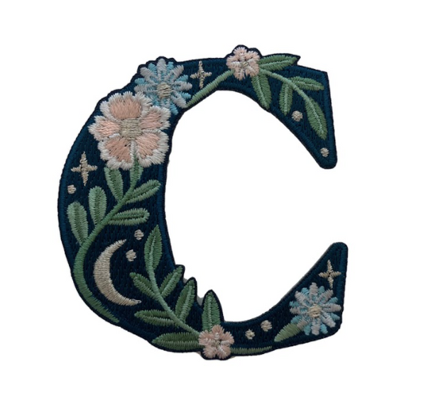 TR00435-NVY-OS - “C” Botanical Letter Patch  - Embroidered Letters - Applique Letters - Initial Patch -  Cottagecore - Crescent Moon - Moon & Stars - Night Sky - Pastel - Bridal - Romantic -  Flower Girl - Aesthetic - Fairycore - Dreamy - Dark Academia - Botany - Indie - Witchcraft -  Wildflower Co FLOAT
