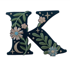 TR00443-NVY-OS -  “K” Botanical Letter Patch  - Embroidered Letters - Applique Letters - Initial Patch -  Cottagecore - Crescent Moon - Moon & Stars - Night Sky - Pastel - Bridal - Romantic -  Flower Girl - Aesthetic - Fairycore - Dreamy - Dark Academia - Botany - Indie - Witchcraft -  Wildflower Co FLOAT
