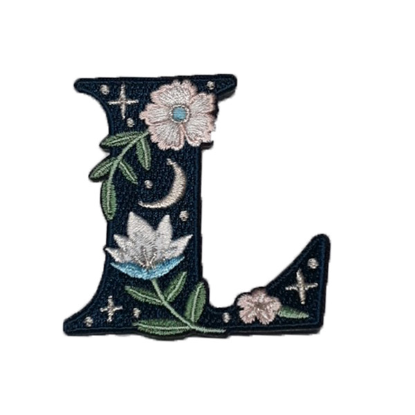 TR00444-NVY-OS - “L” Botanical Letter Patch  - Embroidered Letters - Applique Letters - Initial Patch -  Cottagecore - Crescent Moon - Moon & Stars - Night Sky - Pastel - Bridal - Romantic -  Flower Girl - Aesthetic - Fairycore - Dreamy - Dark Academia - Botany - Indie - Witchcraft -  Wildflower Co FLOAT